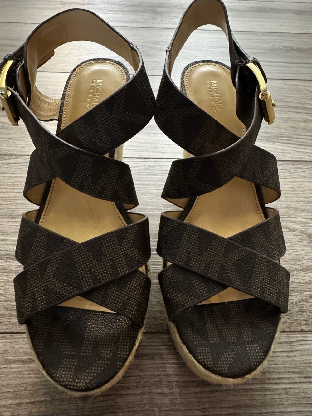 MICHAEL Michael Kors Dark Brown Crisscross Logo Wedge Sandals